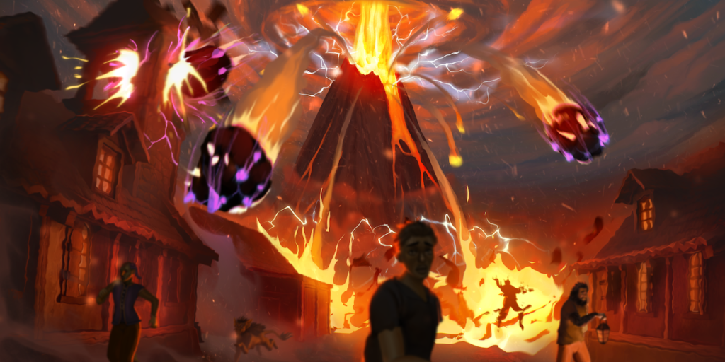 A volcano explodes in the distance. People are running out of a small town towards the camera. 